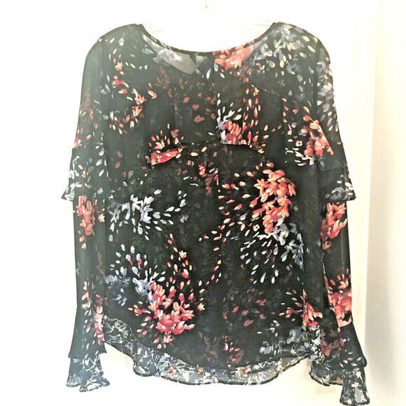 White House Black Market floral top sheer ruffles - Picture 2 of 6